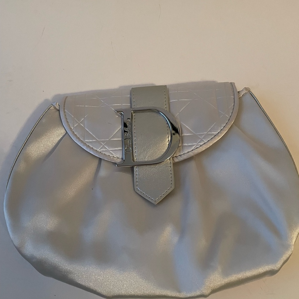 Dior Silver White Satin Clutch with Polished D Accent